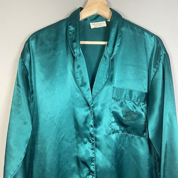 Vtg Victoria's Secret Gold Label Green Satin Button Down Sleep Shirt S Designer - Picture 2 of 13